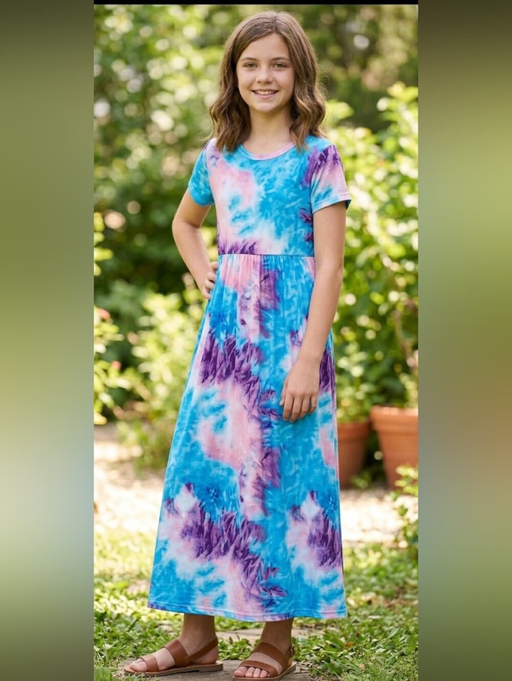 GORLYA Girl’s Maxi Dress 12-13 Blue Tie-Dye Short Sleeve Pockets Elastic Waist